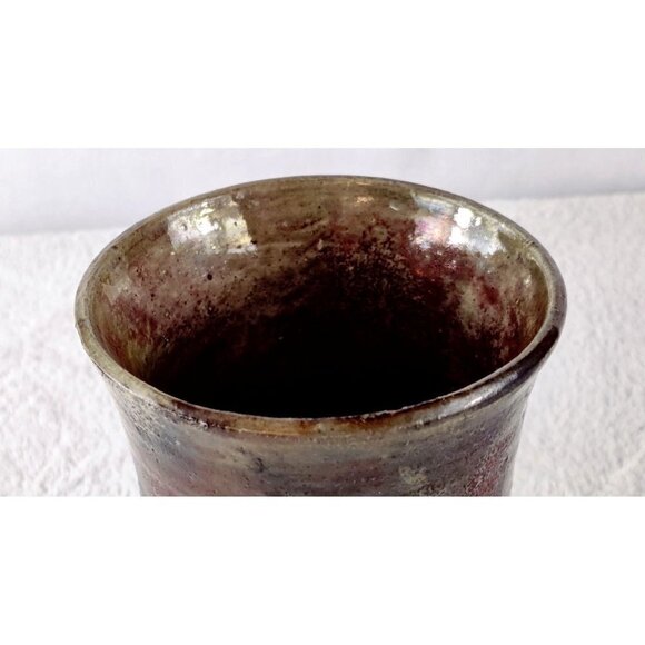 Raku Art Vase Brown Iridescent Tones Textured Rustic Tumbler Thrown Pottery 5.5" - Picture 9 of 15